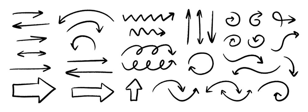Hand drawn curved and straight arrow set. Black grunge sketch arrow collection. Doodle sketched pointers and direction lines. Wavy and zigzag brush stroke bundle for flyer, poster, brochure. Vector