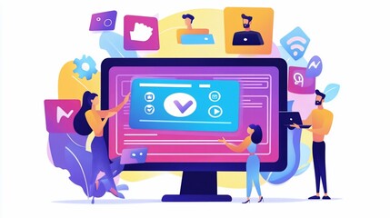 Team Collaborating on Digital Project with Icons and a Large Monitor Screen Vector Illustration