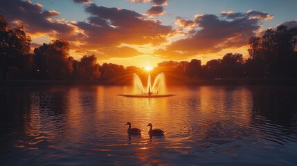 calm lake at sunset, with ducks gliding gracefully across the water and a fountain creating ripples, while the warm colors of the sunset fill the sky.