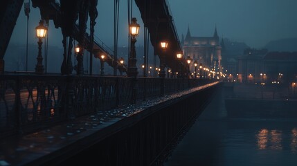 Obraz premium Chain Bridge in Budapest at dusk, with the soft glow of the bridge lights adding warmth to the cool evening scene.
