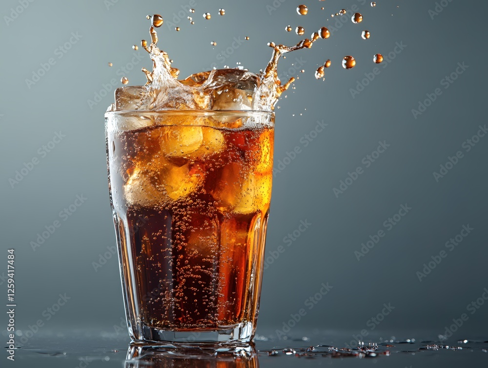 Poster refreshing drink with ice cubes and splashing liquid on a smooth surface