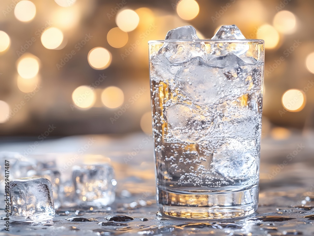 Poster refreshing glass of sparkling water with ice cubes on a wet surface with bokeh background
