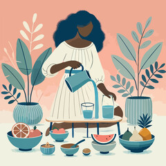 Cute girl cooking homemade meals in kitchen. Cooking dietary dishes. Woman pouring water . Woman preparing salad