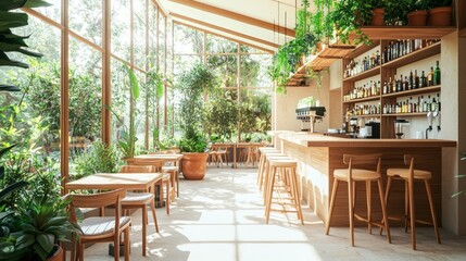 Bright and Modern Greenhouse Cafe with Abundant Plants and Drinks