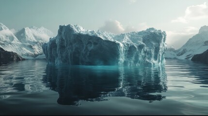 Arctic iceberg reflection, glacial mountains, calm sea