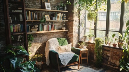Fototapeta premium Cozy Reading Nook in a Rustic Cafe Surrounded by Plants and Books