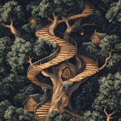 Fototapeta premium Enchanted treehouse with spiral stairs and cozy wooden cottages