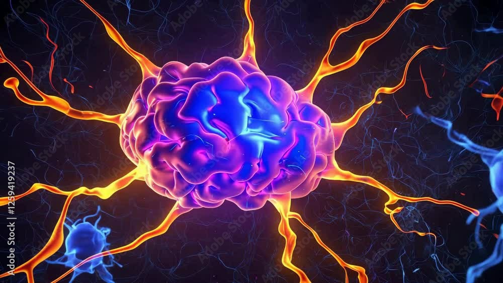 Poster vibrant digital illustration of neuron with glowing synapses and neural connections, showcasing elec