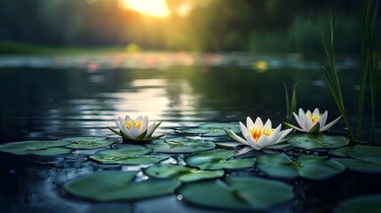 Serene Sunset Reflection Tranquil Pond Nature Photography Peaceful Environment Close-Up View Serenity Concept