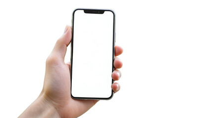 Hand holding modern smartphone with empty white screen for design mockup on isolated white background. Ideal for presentation or template. Ai generative