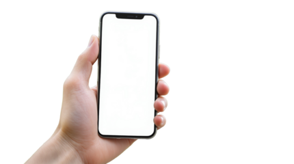 Hand holding modern smartphone with empty white screen for design mockup on isolated white background. Ideal for presentation or template. Ai generative