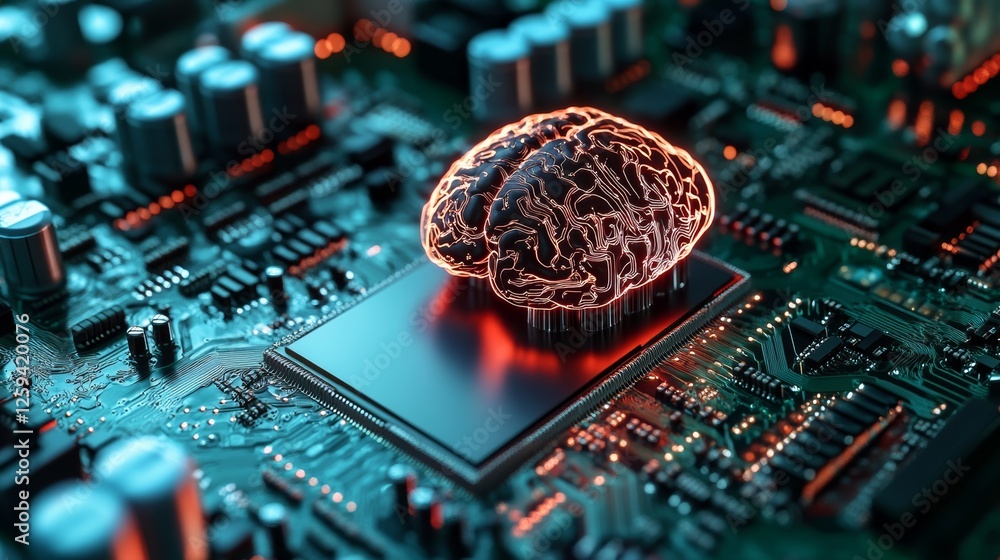 Poster a futuristic image depicting a glowing brain on a circuit board, symbolizing the intersection of tec