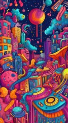 Abstract vibrant cityscape with musical elements and fantasy motifs