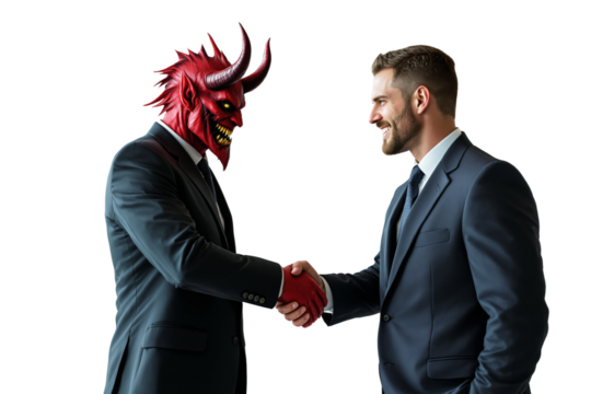 Businessman shaking hands with a demon-headed figure in a suit, both wearing formal attire, on a white background. Concept of deals, power, and morality. Ai generative