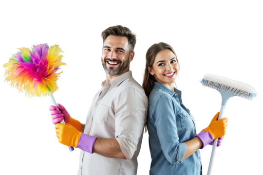 Smiling couple in cleaning gloves holding cleaning tools, standing back to back on a white background. Concept of teamwork and household chores. Ai generative