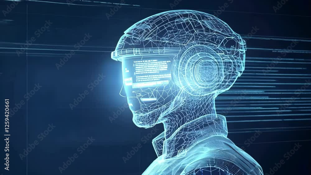 Poster futuristic humanoid robot with visor in digital wireframe advanced technology and innovation in tech