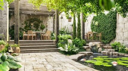 Obraz premium Tranquil Multi-Level Garden Cafe with Wooden Seating and Greenery