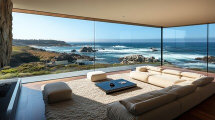 Fototapeta premium Coastal living room ocean view luxury home