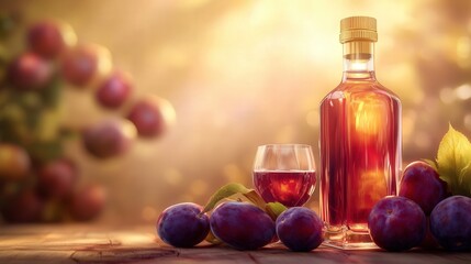 plum wine stands tall, surrounded by fresh plums and a filled glass, creating a warm and inviting scene.