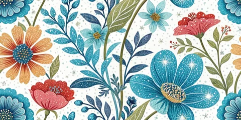 Wandcirkels aluminium Low Light Vibrant Blue Glitter Floral Garden Wallpaper, Blue Glitter Flowers, Dark Blue Floral Background, Night Garden Wallpaper, Blue Floral Wallpaper, Sparkle Wallpaper © kansak01