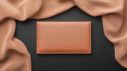 Fototapeta premium A tan leather-like wallet or passport holder rests on a dark surface, partially draped with soft, peach-colored fabric.