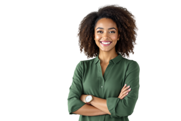 Confident woman in green blouse smiling with arms crossed, isolated on white background. Professional and positive attitude. Ai generative
