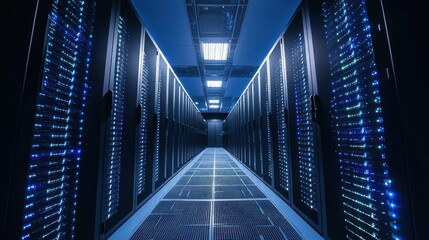 Data center aisle, servers glowing, network infrastructure, technology, background lights