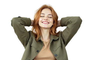 Happy woman with red hair in green jacket smiling with eyes closed, hands behind head, on white background. Concept of relaxation and happiness. Ai generative
