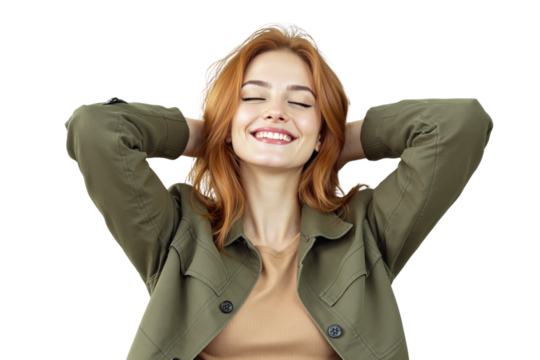 Happy woman with red hair in green jacket smiling with eyes closed, hands behind head, on white background. Concept of relaxation and happiness. Ai generative