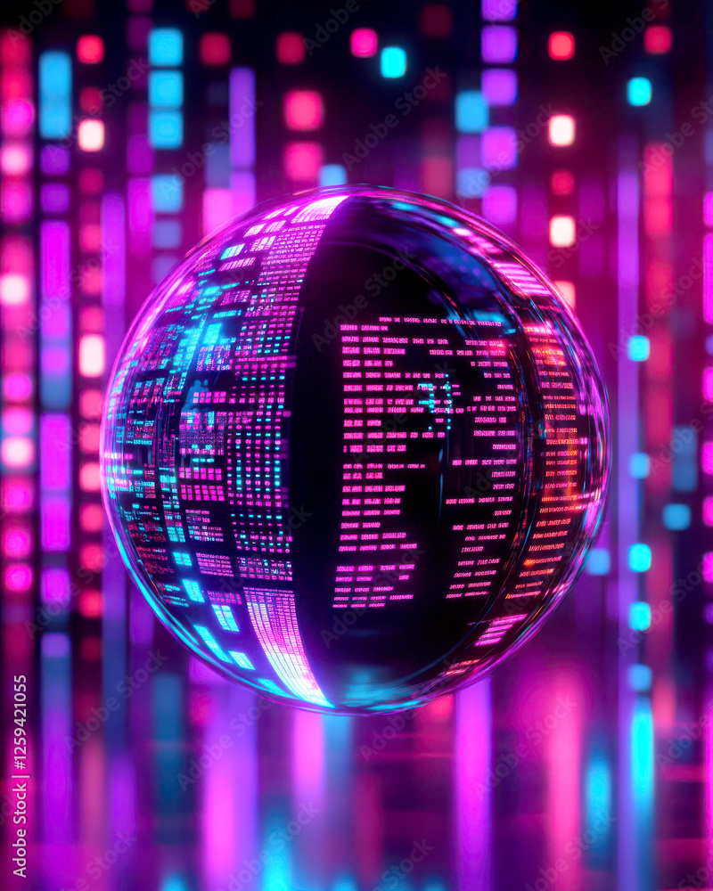 Poster futuristic digital sphere with vibrant neon lights and data patterns.