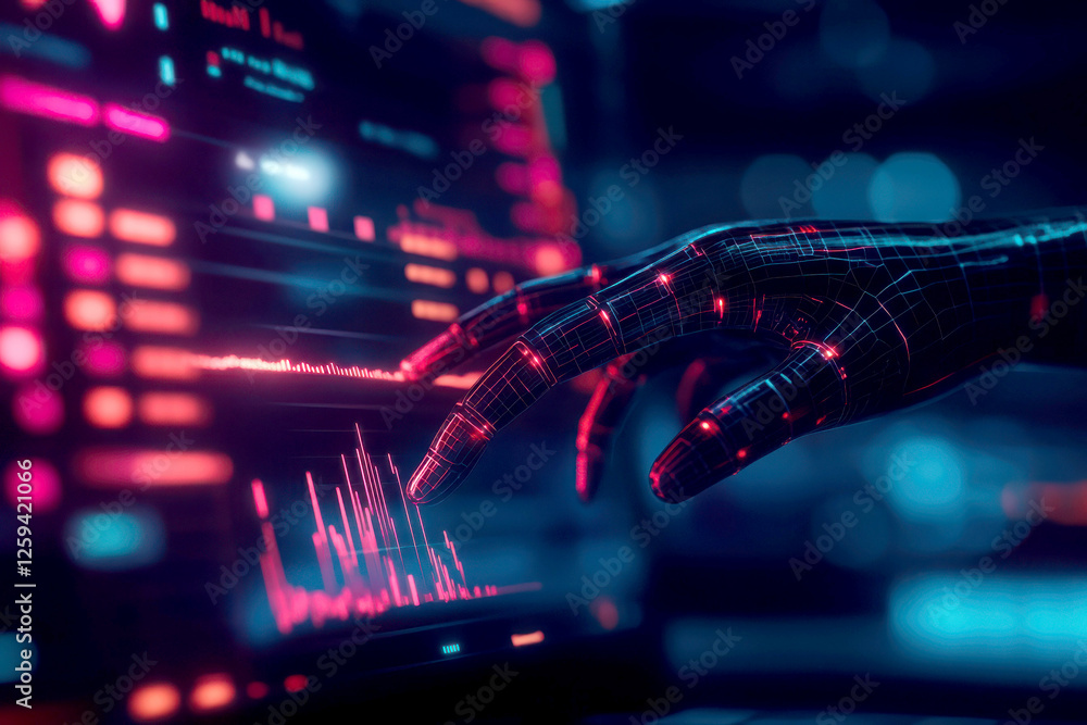 Poster futuristic robotic hand interacting with digital data interface.