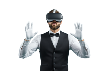 Man in formal vest, bow tie, and white gloves wearing a VR headset, raising hands as if interacting with virtual elements. Isolated on white background. Ai generative