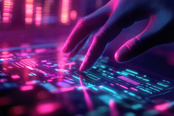 Futuristic hand touching glowing digital interface panel.