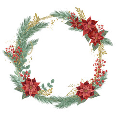 Round wreath frame with Christmas flower red poinsettia, fir branches and berries isolated