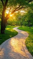 Obraz premium Serene Pathway Through Lush Green Park Bathed in Golden Sunlight During a Peaceful Evening