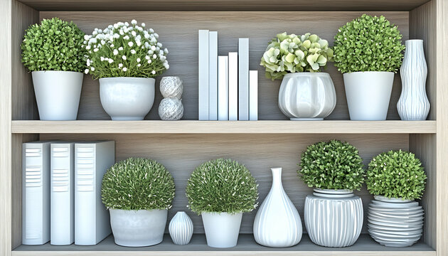 Stylish home decor shelf with plants, books, and vases. Neutral color palette creates a calming and sophisticated atmosphere. Perfect for interior design blogs or home decor websites.