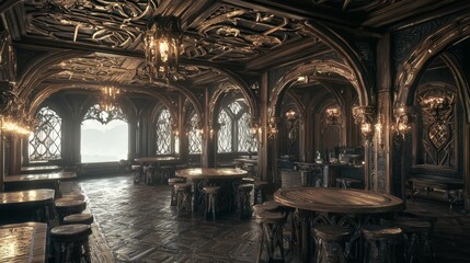 Obraz premium Rustic Handcrafted Wood Interior of Cozy Centric Cafe Setting