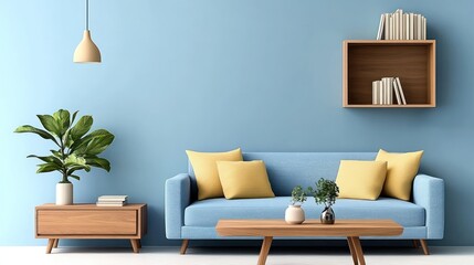Modern Scandinavian Living Room with Wooden Coffee Table, Blue Sofa, and Bookshelf on Wall