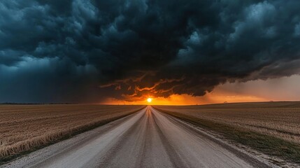 Sunset storm over rural road, dramatic sky, prairie landscape, weather photography