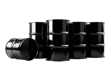 Glossy oil barrels isolated on a white background, arranged in a group. Industrial concept representing fuel storage, energy, and petroleum industry. Ai generative