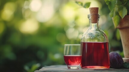 glass bottle of plum wine with a cork and a glass filled with its vibrant liquid