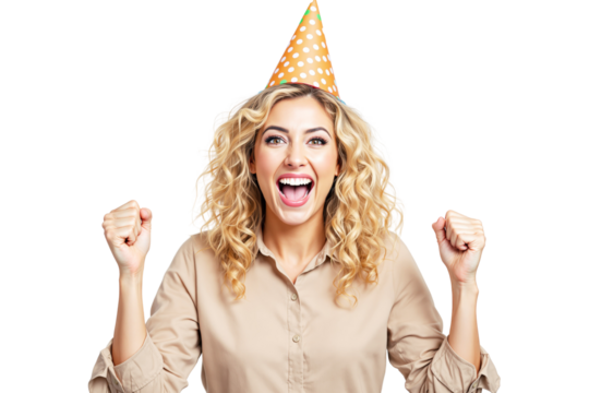 Happy woman with curly blonde hair wearing a polka-dot party hat, cheering with excitement. Isolated on white background. Celebration and joy concept. Ai generative