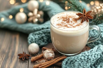 Warm, spiced latte in glass mug, nestled in cozy knit scarf. Perfect for winter holidays, cozy vibes, and festive recipes.