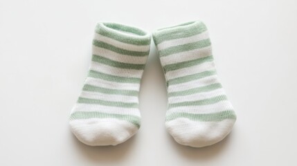 Baby socks, light green and white stripes, pure white background, top view, high definition photography