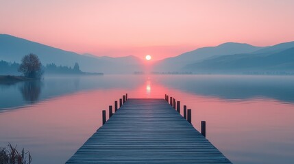 Fototapeta premium Peaceful sunrise over misty lake, wooden dock, mountains