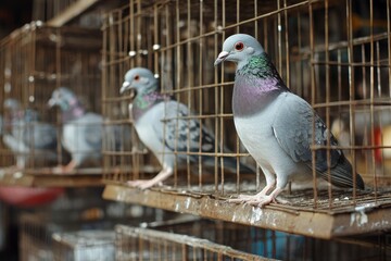 Obraz premium several pigeons gathered in cages waiting for food. in Indonesia the dove is usually called Burung with generative ai