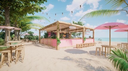 Obraz premium Charming Beachfront Pop-Up Cafe with Pallet Seating and Umbrellas