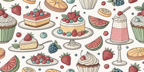 Minimalist Dessert Platter Illustration, Hand Drawn Landscape,  Sweet Treats, Artistic Food Photography