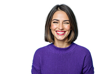 Fototapeta premium Woman with short brown hair wearing a purple sweater, smiling and winking. Isolated on white background. Concept of happiness and positivity. Ai generative