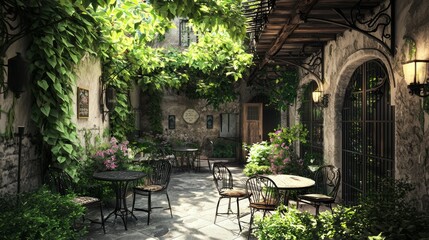 Serene Hidden European Courtyard Cafe Surrounded by Lush Greenery